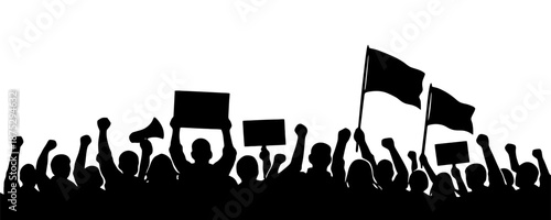 Silhouette of diverse protest crowd holding signs and flags in unity.