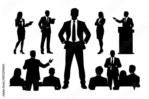 Silhouettes of business professionals in various poses and activities.