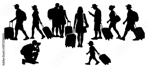 Travelers With Luggage Silhouettes Set Vector illustration.