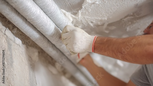 A construction worker wearing a glove fixing insulated pipes on a ceiling