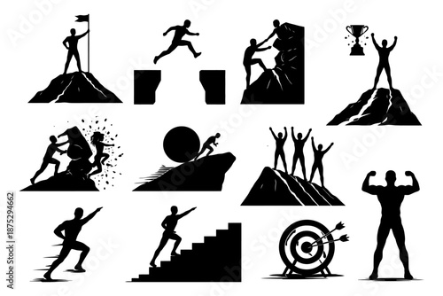 Silhouette icons of people overcoming obstacles and achieving success.