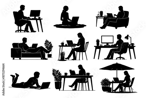 Silhouettes of people working with laptops in various settings.
