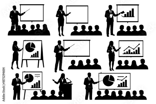 Silhouette illustrations of professionals presenting business growth charts.