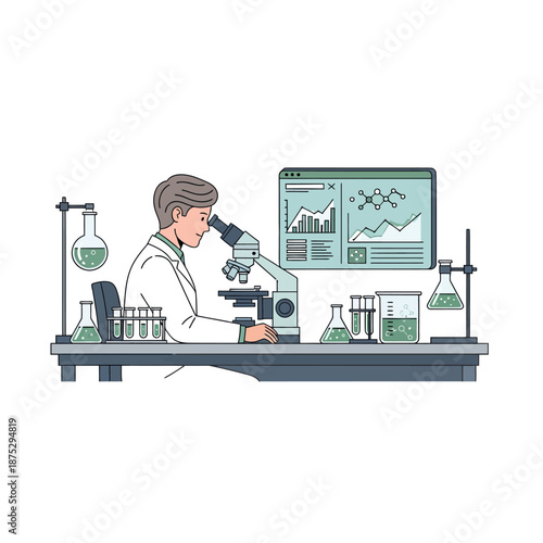 Scientist using microscope and computer in laboratory, research and development concept