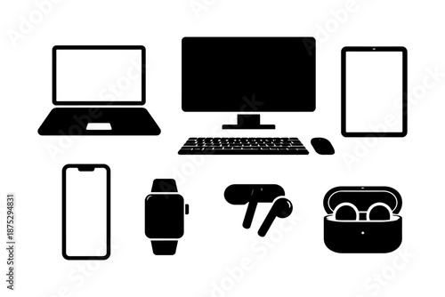 Collection of modern technology devices: laptop, smartphone, tablet, smartwatch, earbuds.