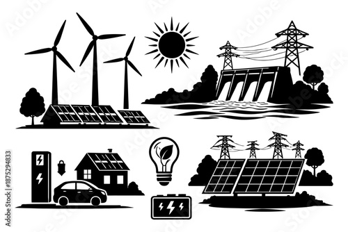 Renewable energy icons: solar panels, wind turbines, hydro power, electric car.