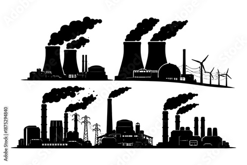 Industrial power plants and wind turbines silhouette with smoke stacks.