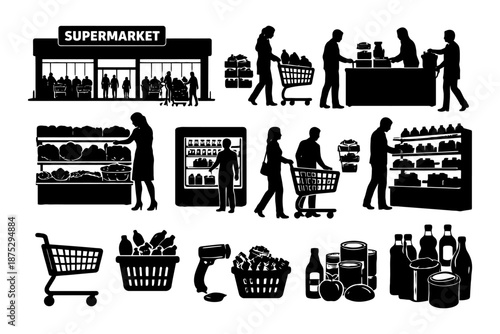 Supermarket shopping silhouettes: shoppers, cashiers, and products in black and white.