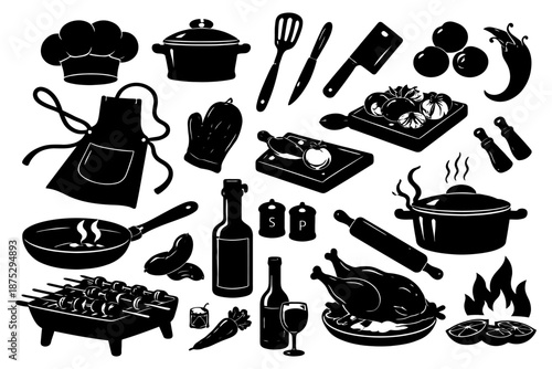 Cooking tools and ingredients silhouette set featuring utensils, food, and drinks.
