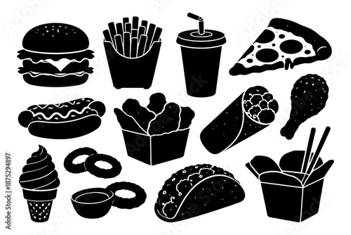 Collection of popular fast food icons including burger, pizza, hotdog, and more.