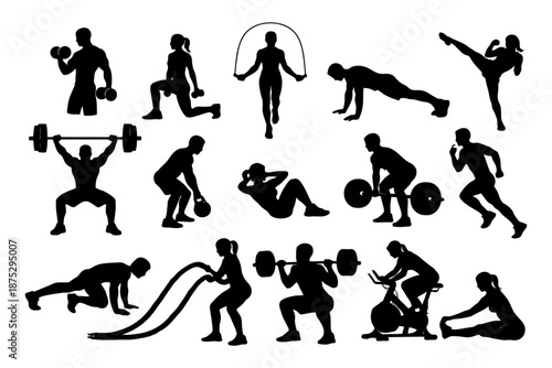 Silhouette collection of fitness exercises with diverse workouts and activities.