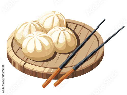 Traditional Chinese steamed bun, served on a board. Vector illustration