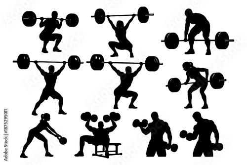 Silhouettes of male and female athletes weightlifting with barbells and dumbbells.