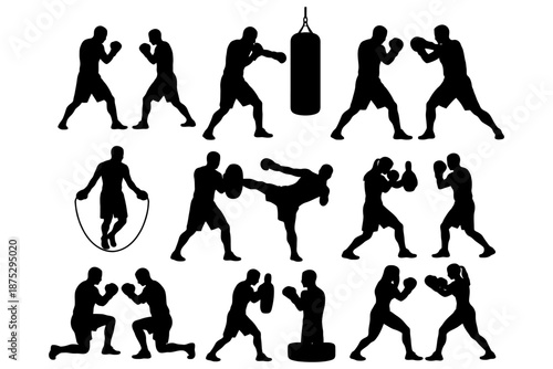 Silhouettes in boxing and training: diverse poses and equipment.
