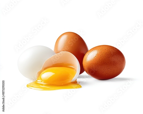 Three Fresh Eggs With Broken One And Yolk