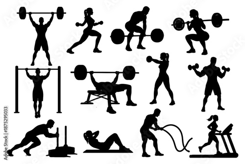 Silhouettes of diverse fitness exercises and gym activities.