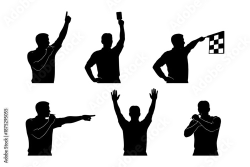 Silhouette of referee giving instructions and signals in various poses.