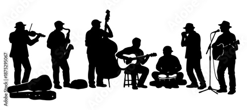 Street Music Band Silhouette Set Vector illustration.