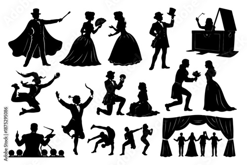 Black silhouettes of magicians and performers in various acts.