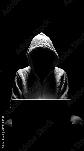 Anonymous Person With Hoodie Working On Laptop In Dark