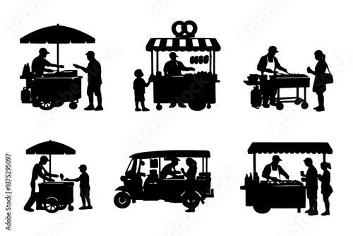 Street Food Vendor Silhouette Set Vector illustration.