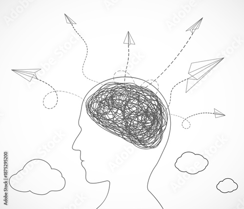 Minimal line art. Paper airplanes fly out of a human head with a tangled brain. White background. Vector illustration.