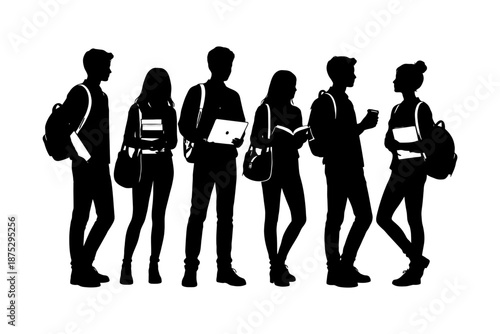Silhouettes of diverse young adults with backpacks and laptops standing.