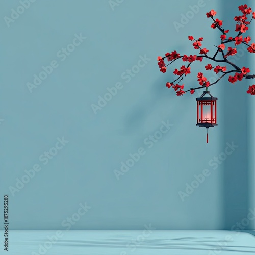 Chinese Lantern Hanging From Blossom Branch Against Light Blue Wall