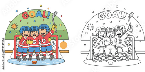Kids Ice Hockey Goal Celebration Cartoon Illustration and Coloring Page for Children's Activity Book, Three Happy Boys in Uniform Playing Sports with Hockey Stick and Puck