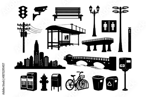 Urban silhouette collection: cityscape, bridge, bicycle, bench, streetlight, camera.