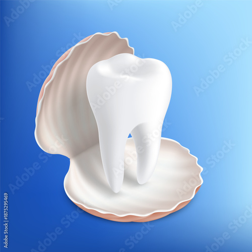 Healthy white human tooth in a seashell. Vector illustration.