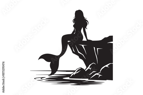 A sitting mermaid on rocky cliff by calm ocean water silhouette vector art