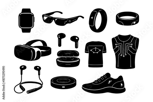 Set of modern wearable technology gadgets and accessories.