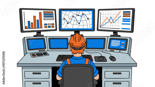 Engineer monitoring multiple graphs and charts on screens in a control room, vector illustration