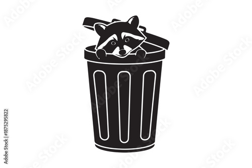 Raccoon hiding in trash can silhouette vector art