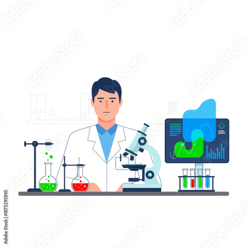 Scientist in Lab Coat with Microscope, Test Tubes and Monitor