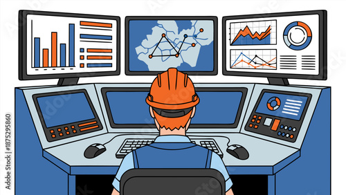 Control room operator in front of multiple monitors displaying data and maps vector illustration