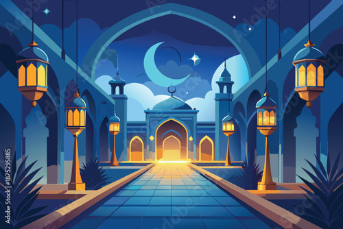 The serene moonlit courtyard features a grand Islamic mosque, glowing lanterns, golden arches, a crescent moon, and a starry blue sky, creating a tranquil and spiritual atmosphere for Ramadan and Eid.
