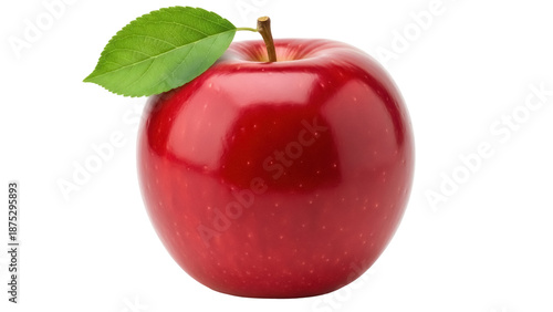 Photos Shiny red apple with green leaf isolated PNG, fresh fruit close-up on transparen