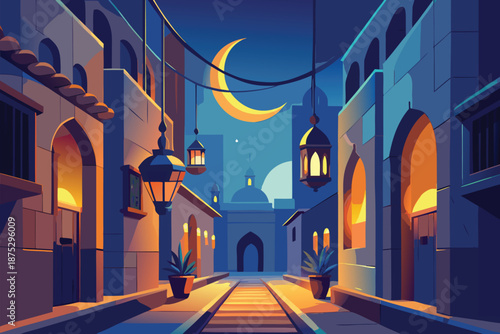 A tranquil, moonlit alley at night features arched doorways, hanging lanterns, and warm amber glow along blue-toned walls, creating a calm, culturally rich urban mood.