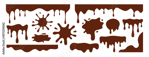 Collection of various chocolate melting liquid borders, drips, and splashes, perfect for dessert or candy-themed graphics