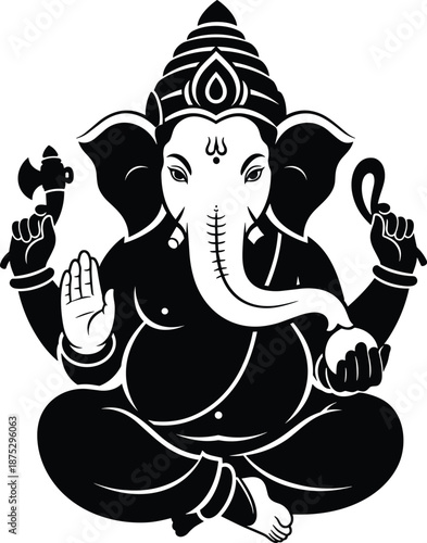 Lord Ganesha seated with symbolic items, Hindu deity illustration, spiritual blessing pose, traditional Indian religious artwork design flat vector