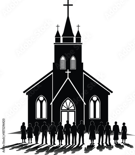 Church building with worshippers silhouette, religious gathering scene, spiritual community illustration, Christian faith architecture design concept flat vector