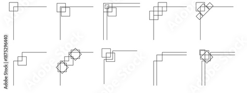 Decorative corners frames set. Vintage angle borders in Asian style. Design elements for greeting and invitation decoration. Lines and squares for decor. Simple collection isolated on transparent bg