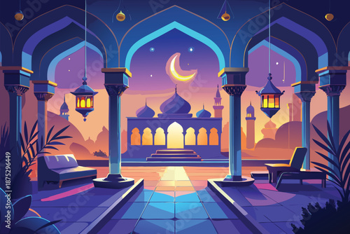 Tranquil moonlit courtyard of an Islamic mosque with elegant arches, glowing lanterns, and domes under a twilight sky, symbolizing serenity, culture, travel inspiration, and architectural beauty.