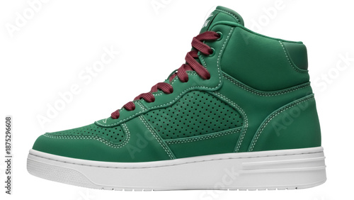 Green high-top sneaker isolated PNG, stylish footwear with red laces on transparent background for fashion and athletic design projects