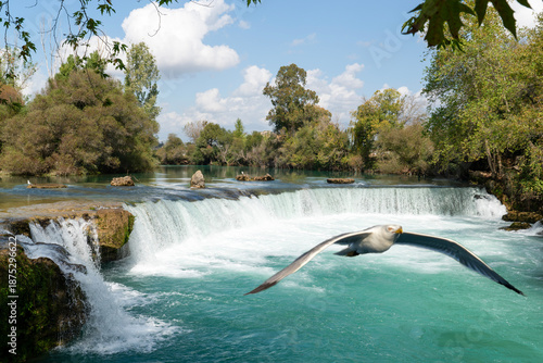 Manavgat Waterfall Cascade with Flowing Turquoise River in Antalya, Scenic View of the Manavgat Waterfall with Turquoise Water and Blue Sky in Antalya, Turkey