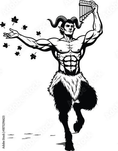 Mythological faun playing pan flute, satyr dancing with leaves, Greek folklore creature illustration, nature spirit design concept flat vector