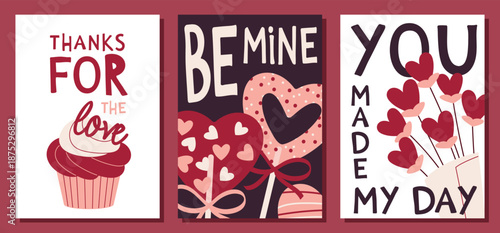 Valentines Day Greeting Card Set with Sweets and Flowers