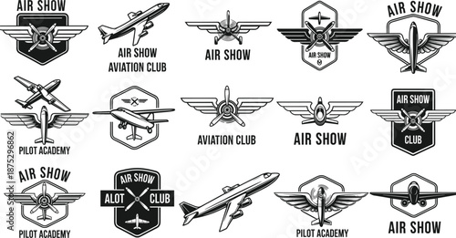 Vintage aviation emblems collection, monochrome air show logos, pilot academy badges, retro aircraft insignia design set, aviation club flat vector